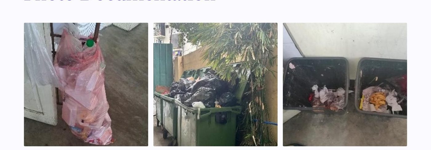 Composite field photos: an overflowing garbage bag outside a classroom door, waste bins filled beyond capacity, and unsegregated waste in unlabelled containers at IBIS