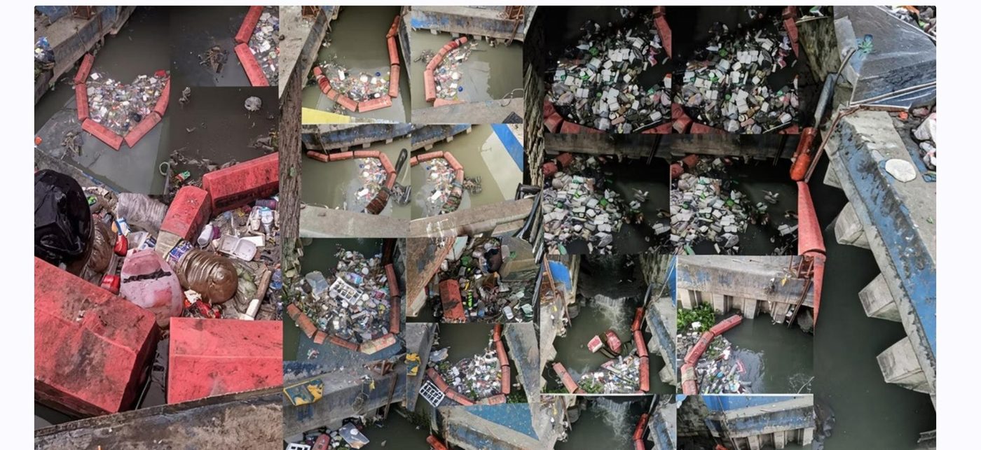 Aerial composite of the Ilaya Canal showing floating debris accumulating behind trash trap barriers, gap-leakage bypasses, and overflow at multiple sections