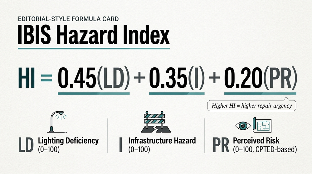 IBIS Hazard Index formula: HI equals 0.45 times LD plus 0.35 times I plus 0.20 times PR