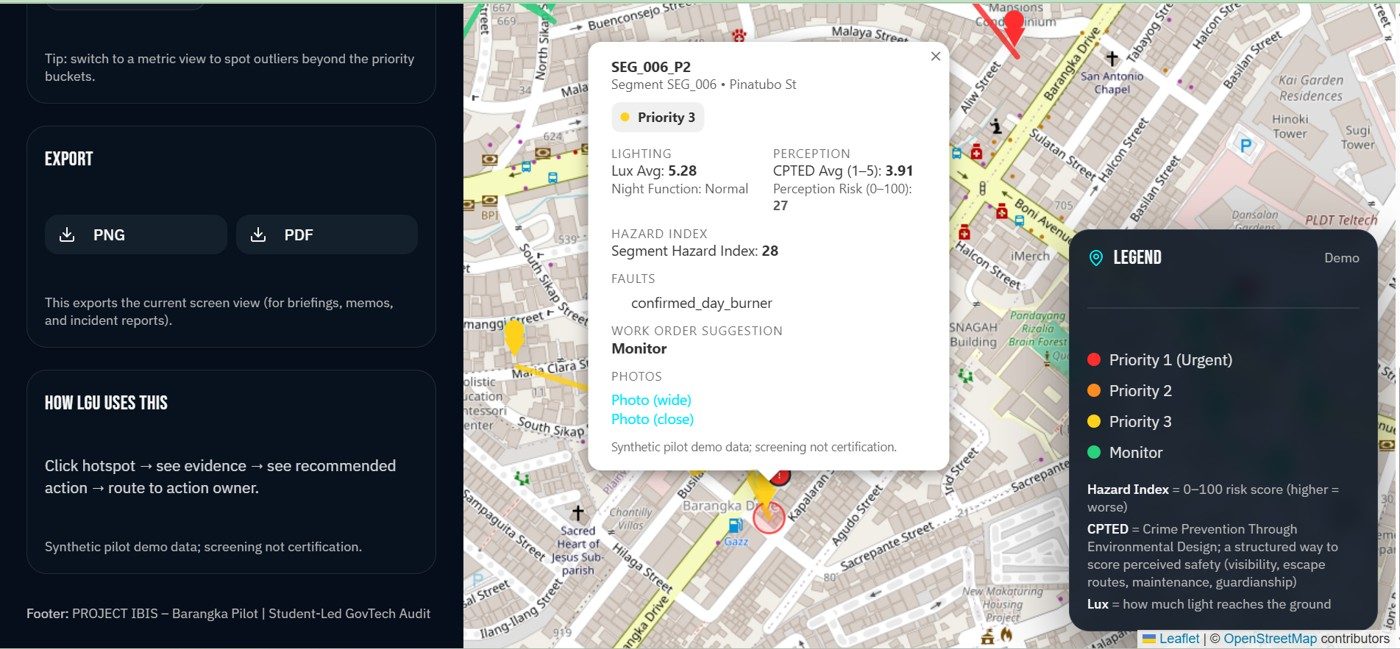 GPS-tagged audit route map with lux-measurement nodes across 1.2 km of Barangka Ilaya