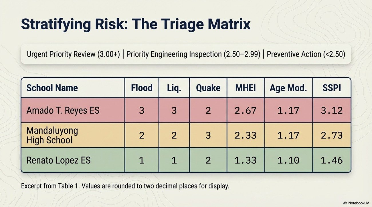 SSPI score matrix for the 12 Mandaluyong District II public schools, color-coded by triage category