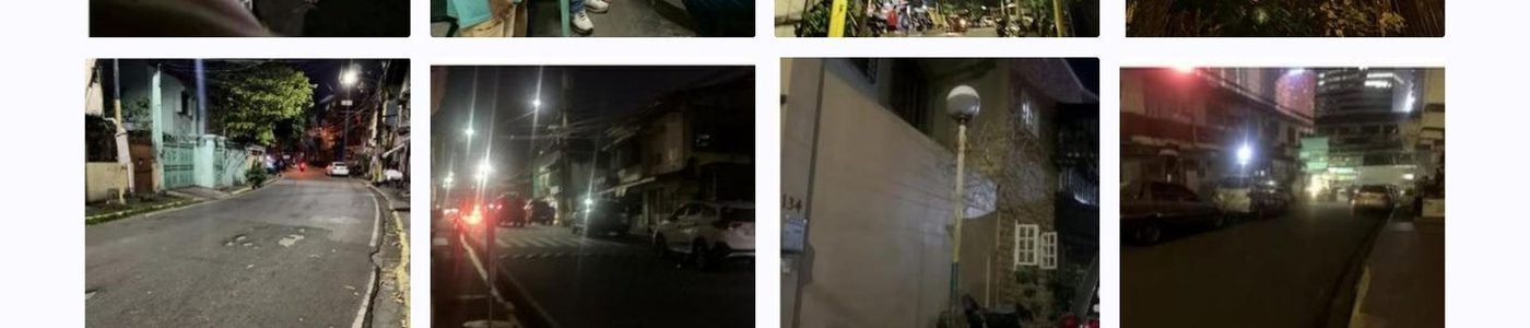 Night photographs of dim and obstructed streetlights along Barangka Ilaya streets during the measurement window