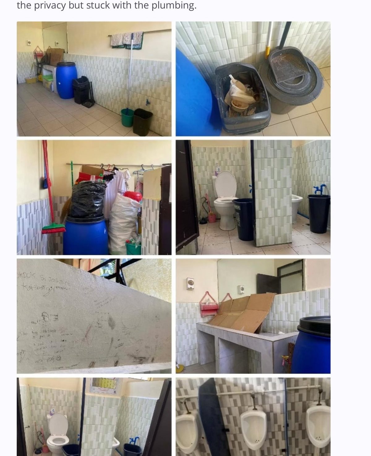 Inspection photos of IBIS restroom facilities showing storage items in toilet areas, broken fixtures, graffiti, improvised partitions, and urinals in disrepair